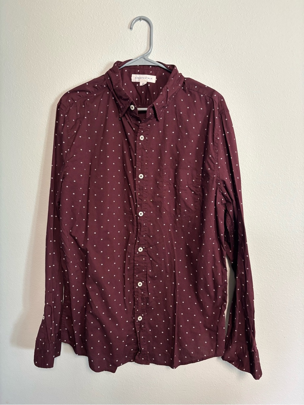 Aeropostale Men's Burgundy Button-Down with White Dot Print